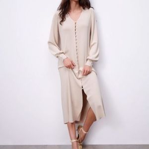 NWT Zara Limited Edition Knit Long Sleeve Button Down Midi Dress Neutral